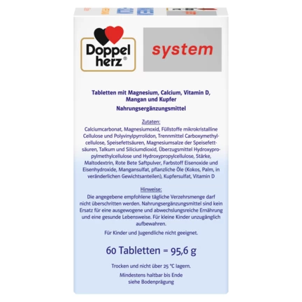 Illustration of the product packaging Doppelherz system  Magnezij + kalcij, bakar i mangan DEPO side view right